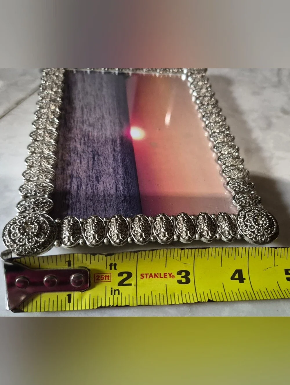 Ornate, silver-tone metal picture frame W/ textured, jeweled filigree border